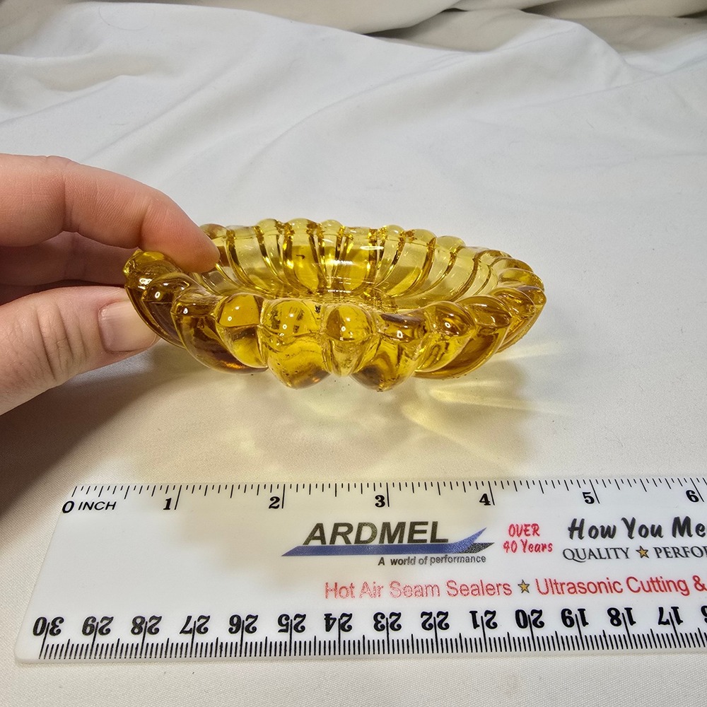 Vintage Amber Glass Sunflower Ashtray Trinket Dish Mid Century Scalloped Petal - Picture 5 of 10
